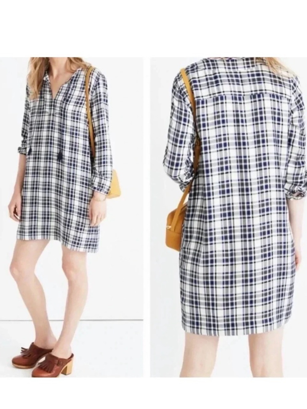 Madewell Artiste Tunic Dress S Navy White Plaid Tassel Tie Mini Long Sleeve